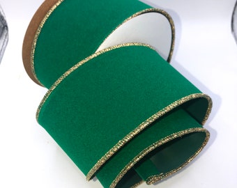 Green Velvet Ribbon, Gold Trim Wired Edge, 2.5 inch, 10 Yards