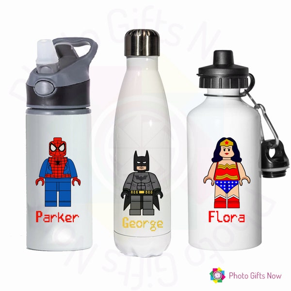 PERSONALISED Hero Water Bottle 625ml, 600ml, 500ml Sport bottle Gym Gift school  BPA free, Back to school, boy bottle, Super hero