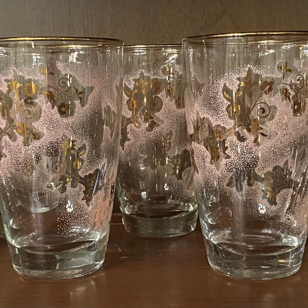 Duchess Pink and 22 Kt Gold Floral MCM 12 oz Tumblers Libbey Glass Company Sold by the Pair