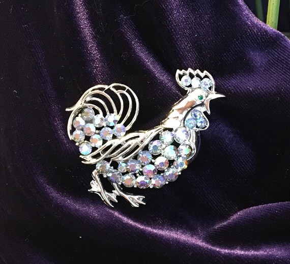 Coro Rooster Brooch and Matching Earrings with Blue Aurora Borealis Rhinestones