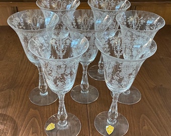 Cherokee Rose Etched Glass Water Goblet Tiffin Glass Co 17399 Stem