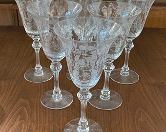 Cherokee Rose Etched Glass Water Wine Goblet Tiffin Glass Co 17403 Stem