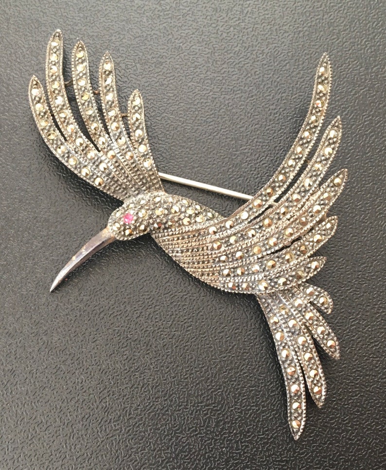 Vintage Marcasite and Sterling Hummingbird Brooch