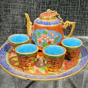 Miniature Cloisonne Tea Set Enamel over Brass Oriental Floral Pattern