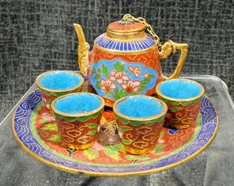Miniature Cloisonne Tea Set Enamel over Brass Oriental Floral Pattern