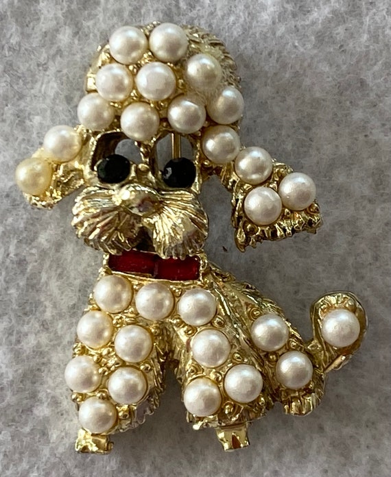 Vintage Rhinestone and Faux Pearl Poodle Brooches - image 2