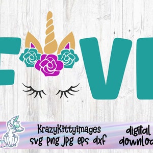 Unicorno svg, 5° compleanno svg, 5 svg, quarto svg, compleanno svg, file di taglio SVG, cinque, unicorno da stirare, stampabile, download digitale, eps jpg png dxf