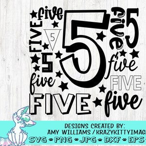 Numéro 5 anniversaire svg, cinq svg, 5 ans svg, cinquième anniversaire Svg, 5 svg, anniversaire fille, anniversaire garçon, png, jpg, dxf, téléchargement immédiat