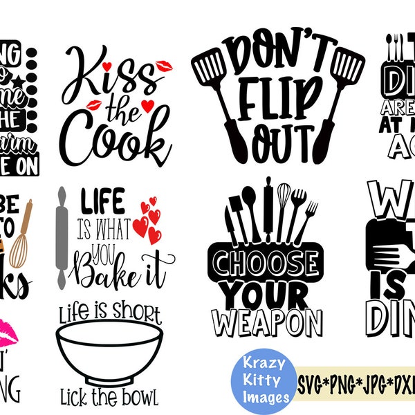 funny kitchen sayings svg bundle, kitchen quotes, dishes are looking at me dirty, kiss the cook, life is short, lick the bowl, png, jpg, dxf