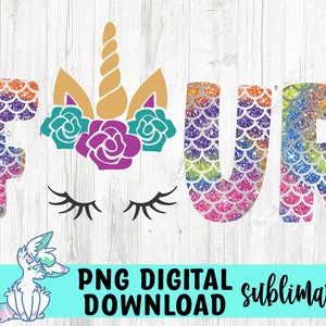 4e verjaardag meisje sublimatie bestand, eenhoorn zeemeermin sublimatie ontwerp, instant download, eenhoorn png-bestand, zeemeermin clipart, commercieel gebruik