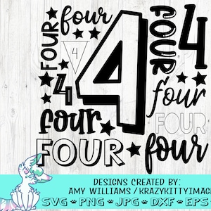 Nummer 4 Geburtstag svg, vier svg, vier Jahre alt svg, vierter Geburtstag svg, 4 svg, Geburtstagskind, Geburtstagsjunge, png, jpg, dxf, sofort Download
