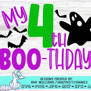 Fichier svg quatrième anniversaire halloween pour enfants, svg anniversaire fantôme, c'est mon 4e anniversaire png, svg halloween de quatre ans, png jpg eps dxf