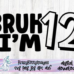 twaalf jaar verjaardag svg, 12 jaar oud feestvarken gesneden bestand, grappige verjaardag svg, digitale download, print en knip, bruh ik ben 12, bro im 12