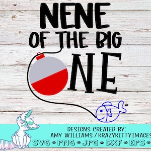 Może przedstawiać: Cyfrowy projekt w czerni i bieli z tekstem "NENE OF THE BIG ONE", czerwono-szarym spławikiem i niebieską ilustracją ryby.