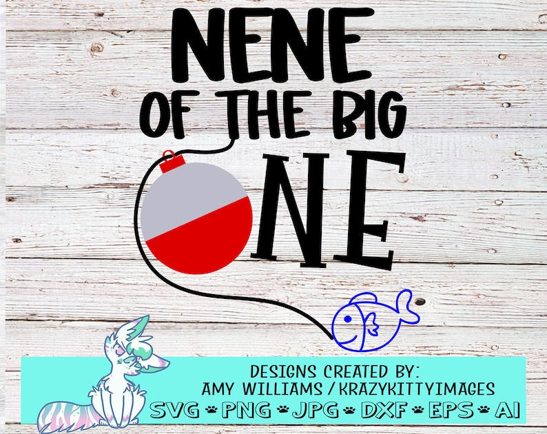 Może przedstawiać: Cyfrowy projekt w czerni i bieli z tekstem "NENE OF THE BIG ONE", czerwono-szarym spławikiem i niebieską ilustracją ryby.