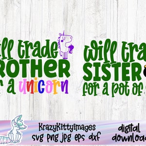 Will Trade Brother für Einhorn, Will Trade Schwester gegen Topf aus Gold, Niedliche Geschwister St. Patricks Day, Bruder und Schwester St. Patricks png dxf