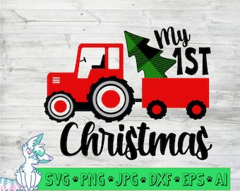my 1st christmas svg, my first christmas svg, tractor christmas tree svg, boys first christmas svg, buffalo plaid tree svg, png, jpg,eps,dxf