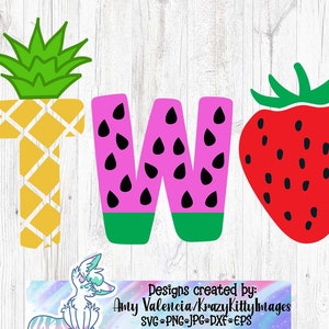 Mädchen 2 Geburtstag geschnitten Datei, zwei Jahre altes Obst svg, zweites Geburtstagskind Ananas, Erdbeere Wassermelone fruchtig Sommer Geburtstag svg