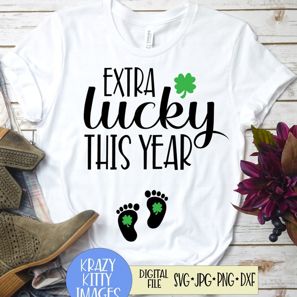 st patricks day pregnancy announcement svg, extra lucky this year svg, baby announcement svg, st pattys baby announcement svg, baby feet svg