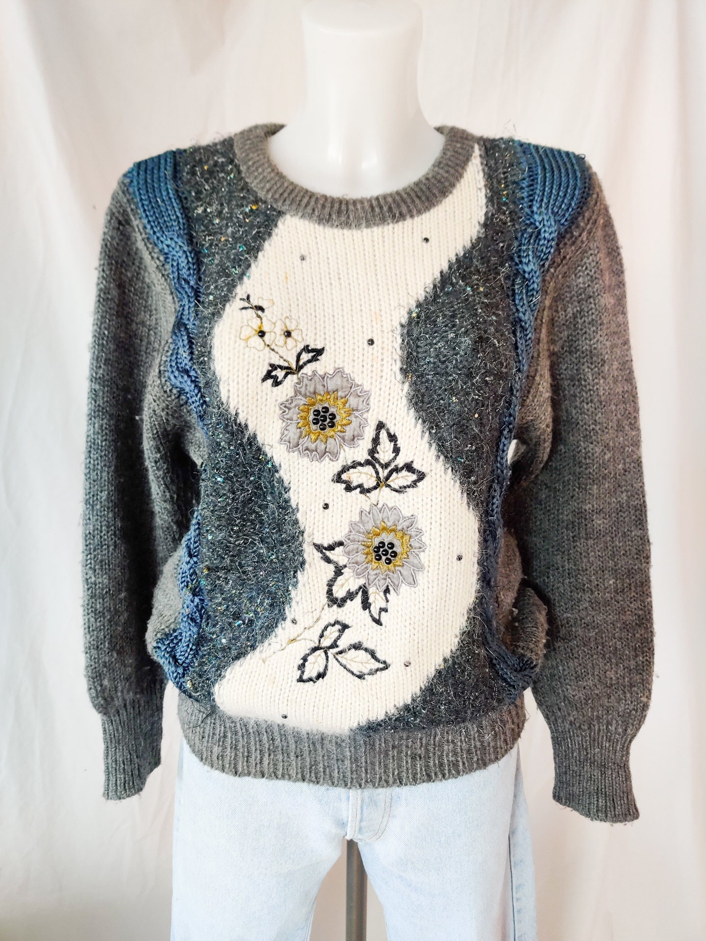 Vintage floral embroidered knit jumper Etsy