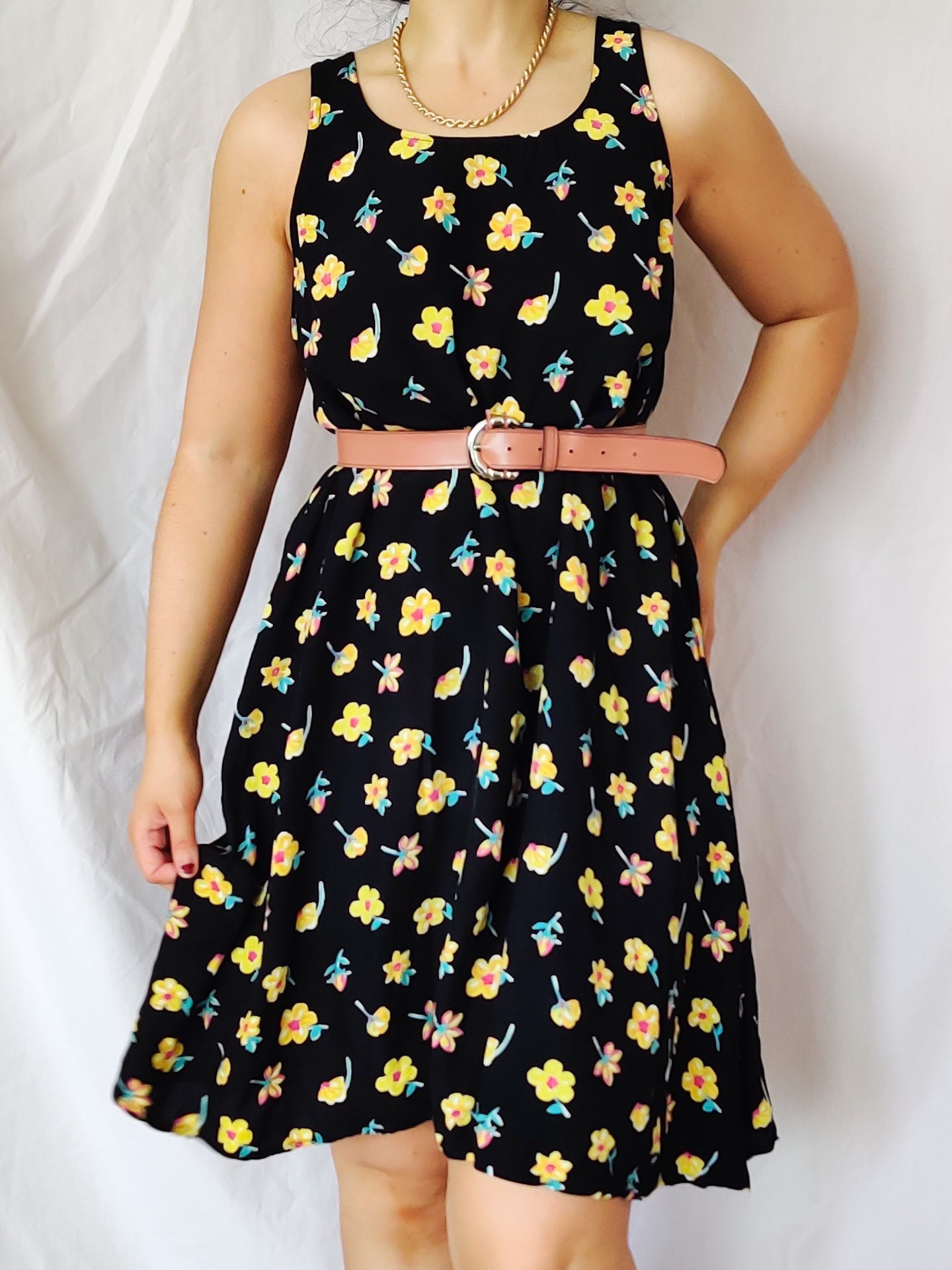 Vintage black and yellow floral dress Etsy