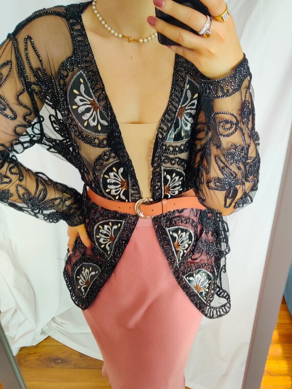 Vintage black sheer shiny blouse