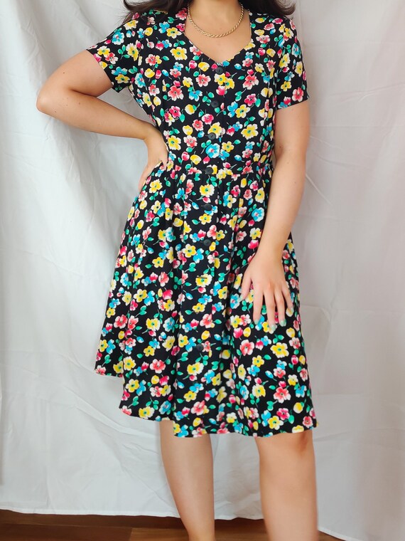 Vintage black floral smock dress