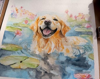 Golden Retriever Labrador in Water Lilies 'Golden Hour' Signed A4 Watercolour Painting