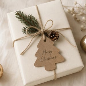25 x Kraft Christmas Tree Tags - small Xmas labels, gift wrapping paper tags,