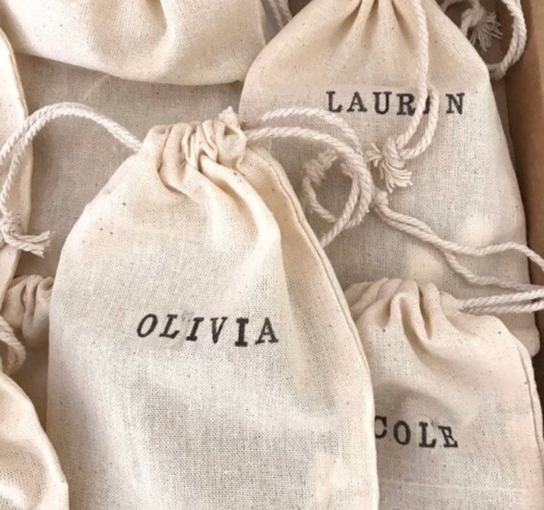 Personalised Organic Cotton Gift Bag -  bridesmaid gift, wedding favour packaging, party favours, rustic boho wedding, jewelry bag 