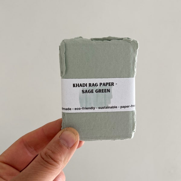 Sage Green Khadi Paper Cards - thick 300gsm rag paper, recycled handmade cotton paper, business card size - 65mm x 90mm