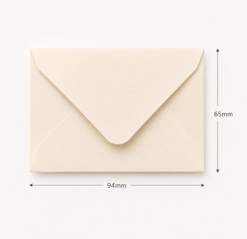 Puede incluir: Un sobre de papel color crema con una solapa triangular. El sobre se muestra con l&iacute;neas de dimensi&oacute;n que indican una altura de 65 mm y una anchura de 94 mm. El sobre tiene una textura lisa y mate con un dise&ntilde;o de solapa puntiaguda.