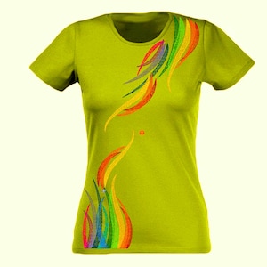 May include: A lime green t-shirt with a colorful abstract design on the front. The design features a series of curved lines in shades of red, orange, yellow, green, blue, and purple.