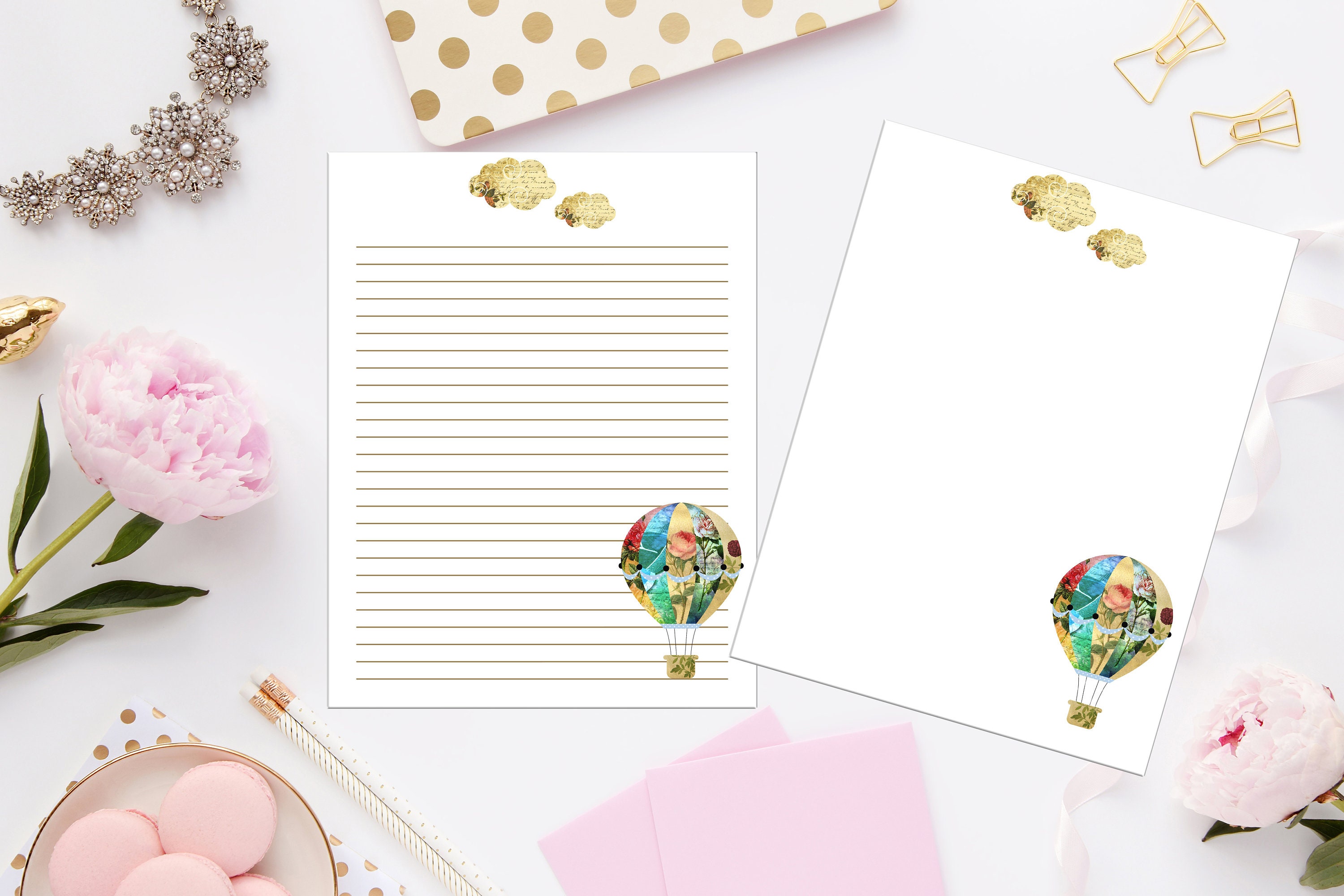 Hot Air Balloon Printable Stationery 8.5x11 388/Digital Note | Etsy