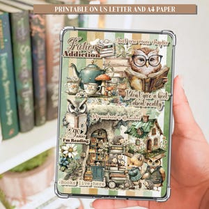 May include: A clear phone case featuring a collage of book-themed illustrations. The design includes owls, teacups, mushrooms, and text that reads "Fiction Addiction," "Just one more chapter," and "Books live here." The background has green and white stripes.