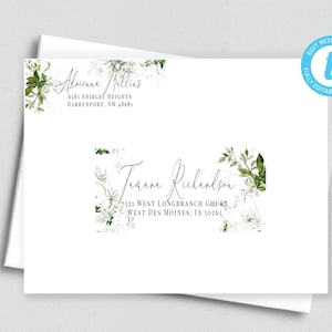 May include: White envelope with floral design and text. The envelope features the names "Adrienne Mullins" and "Janene Richardson" with their respective addresses. The design includes green and white floral accents, with the text "EDIT WITH templete" in the upper right corner.