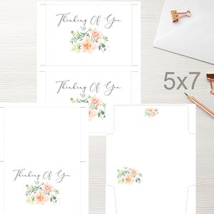 5x7 Thinking of You druckbare flache Karte & Zeltkarte mit Umschlag 1318/Instant Download/Floral Note Card/druckbare Grußkarte