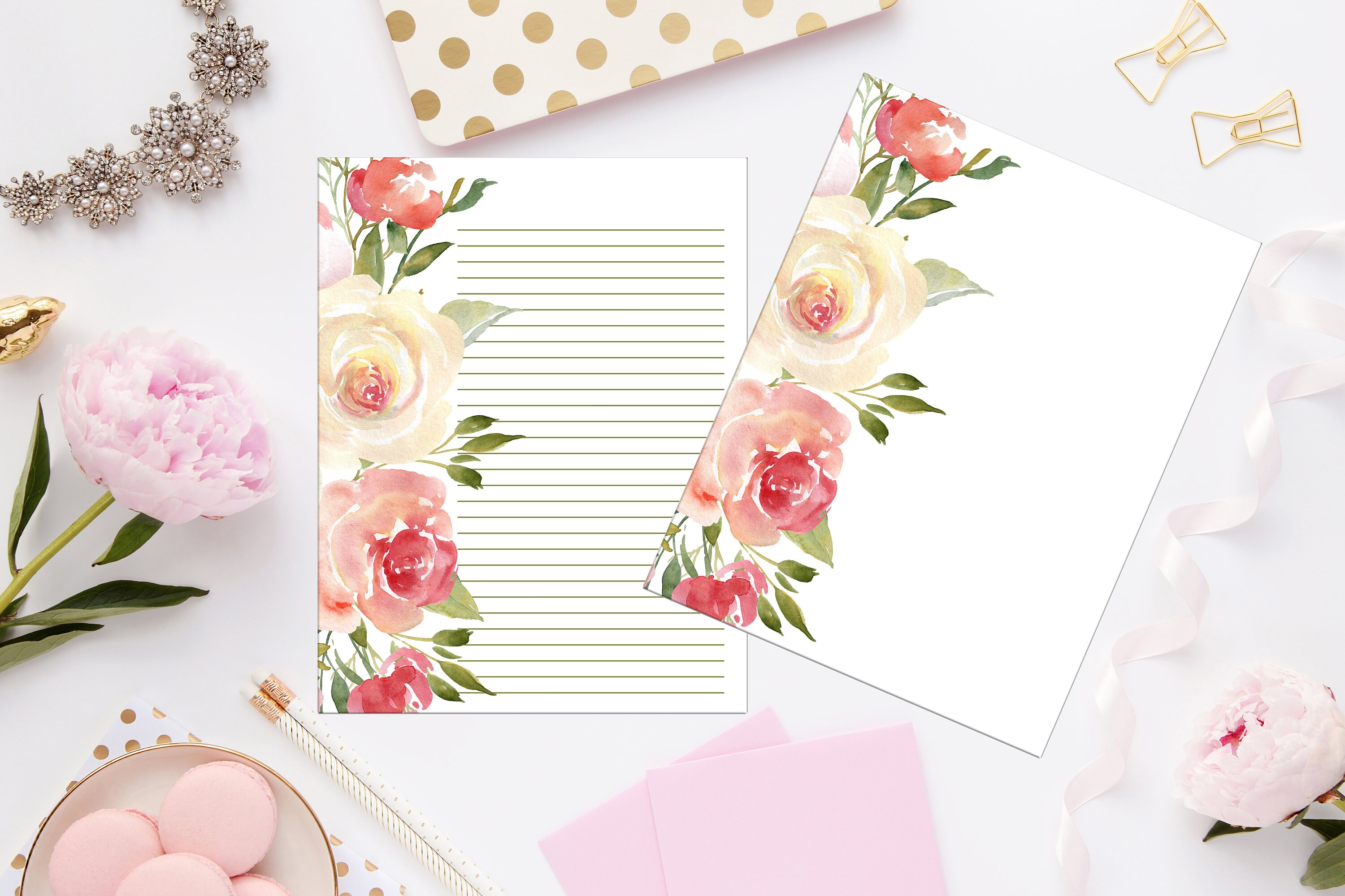 Cream & Pink Roses Stationery 8.5x11 122/Digital Note Etsy