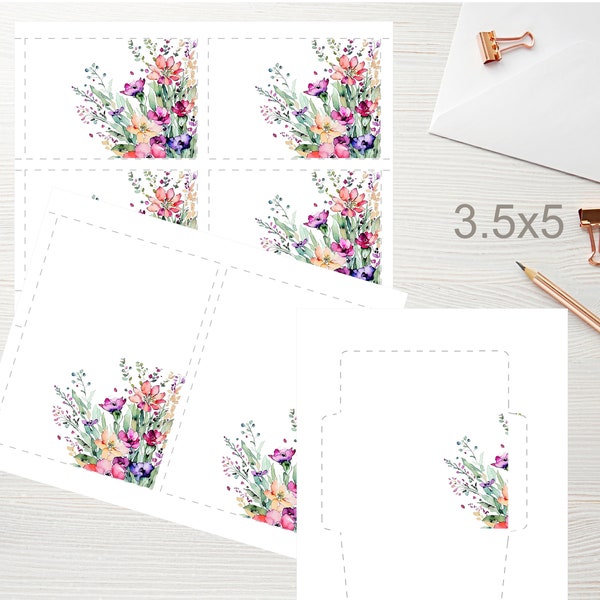 3.5x5 Wildflowers Printable Flat Note Card & Tent Card 1538/Printable Envelope/Instant Download/Printable Small Note Card/Printable Card