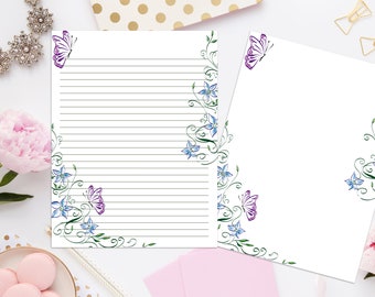Lilac Butterfly Printable Stationery with Envelope 8.5x11 997/Printable Paper/Instant Download/Digital Lined Paper/Writing Paper/Notes Pages