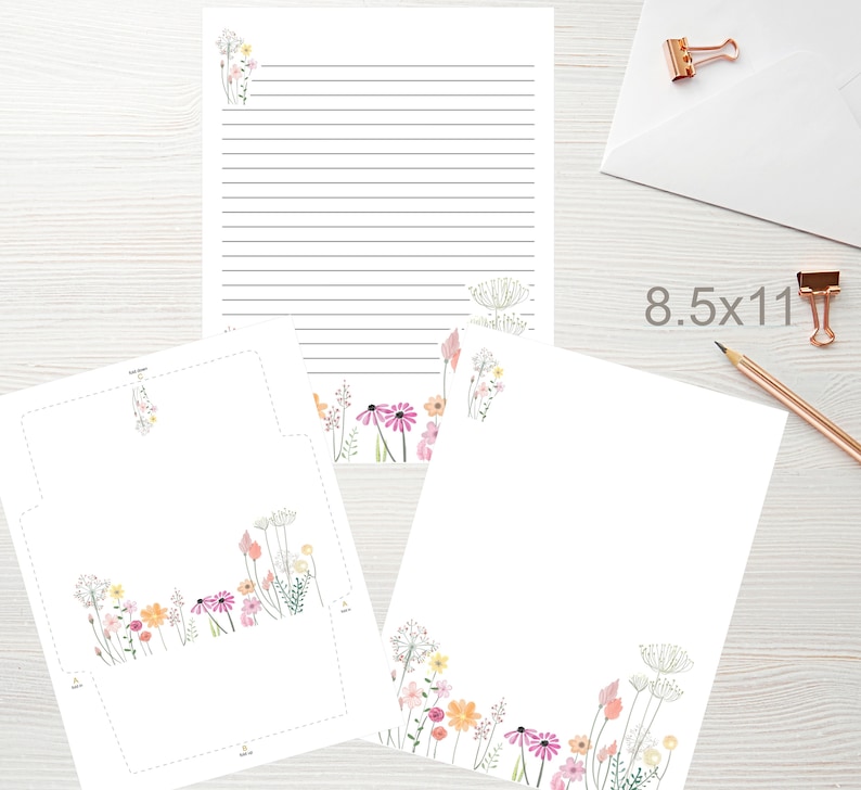 Whimsical Wildflowers Printable Stationery with Envelope 8.5x11 1055/Printable Stationary/Line Paper/Printable Envelope/Writing Paper image 6