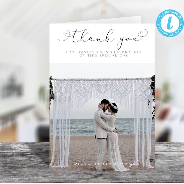 Personalize Printable Editable Thank You Photo Folded Portrait Card/5x7 Templett/Printable Envelope/Wedding Photo Thank You Card