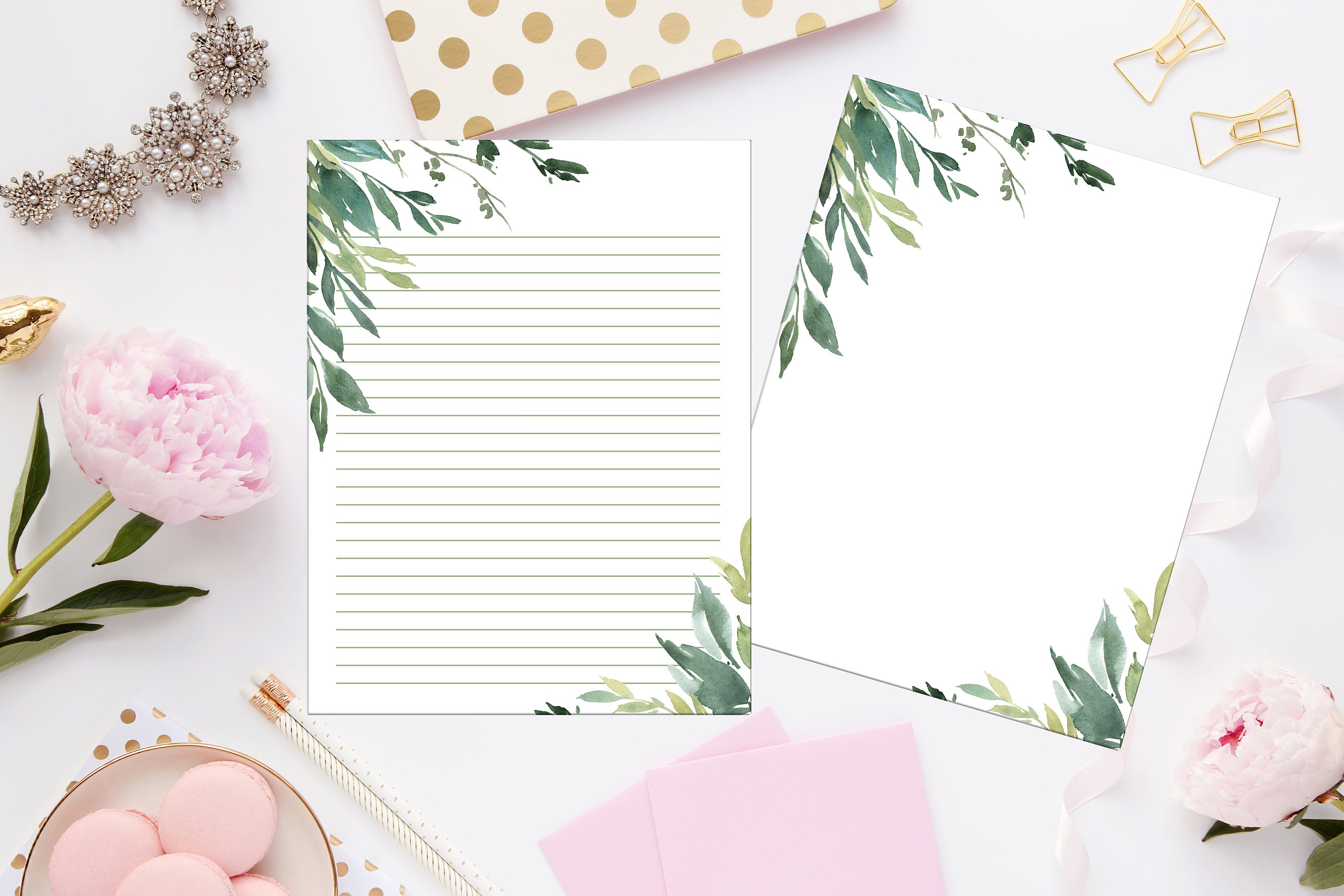 Green Leaves II Printable Stationery 8 5x11 656 Digital Etsy