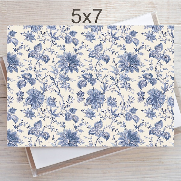 5x7 Blue Toile Printable Flat Note Card & Tent Card with Envelope 1316/Instant Download/Just Because Card/Floral Note Card/Greeting Card