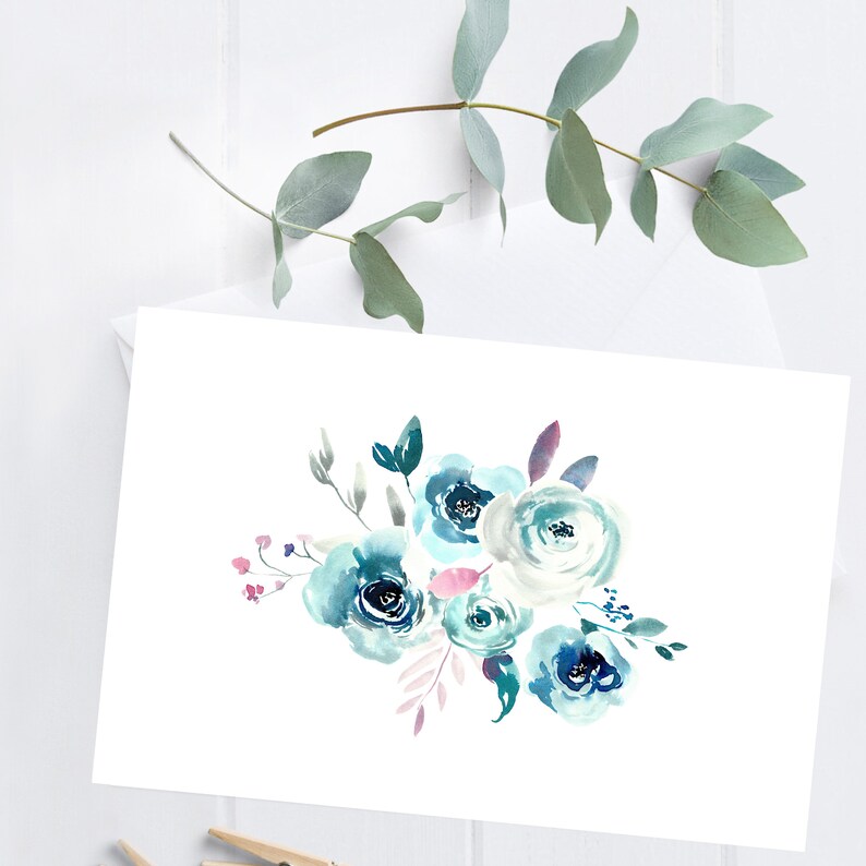 4x6 Blue Blooms Printable Flat Tent Note Card With Envelope - Etsy