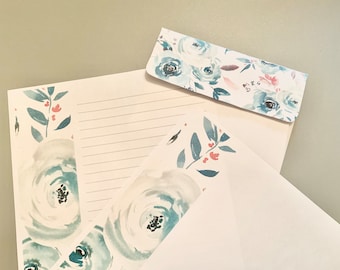 Blue Floral Printable Stationery with Envelope 8.5x11 24/Writing Paper/Printable Envelope/Instant Download/Printable Envelope/Writing Paper