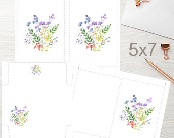 5x7 Aquarell Blumen druckbare flache Note Portrait Karte mit Umschlag 1536/Sofortiger Download/druckbare Blumenkarte/druckbare Grußkarte