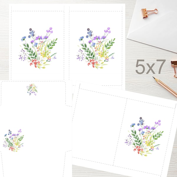 5x7 Watercolor Flowers Printable Flat Note Portrait Card with Envelope 1536/Instant Download/Printable Flower Card/Printable Greeting Card