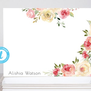 Rosa Blüten personalisierte druckbare bearbeitbare flache einseitige Anmerkungskarte / 5.5x4.25 Templett / druckbarer Umschlag / bearbeitbare Anmerkungskarte