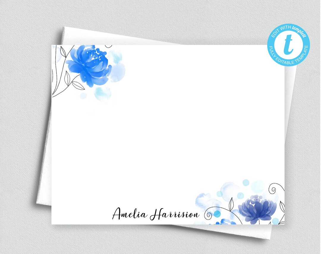 Blue Floret Personalized Printable Editable Flat Single Sided Note Card ...